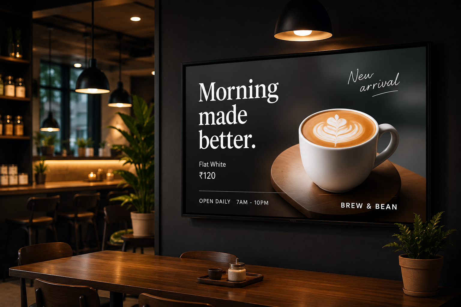 Pixi digital menu board glowing warmly inside a busy café